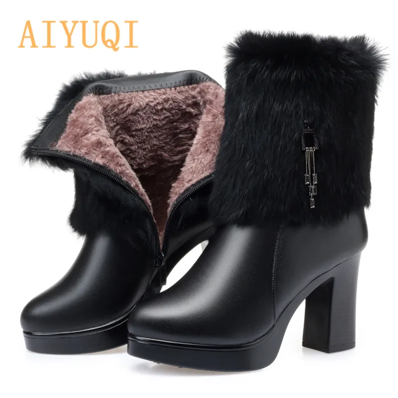 Black fluff AIYUQI; женские ботильоны; Сезон Зима; натуральная кожа; мех кролика; модная новинка; пикантная теплая шерстяная обувь на высоком каблуке; женские ботинки - Цвет: Black fluff