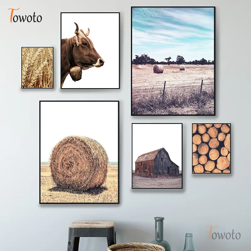 Деревенский пейзаж плакаты и принты солома корова принт деревянная ферма дом