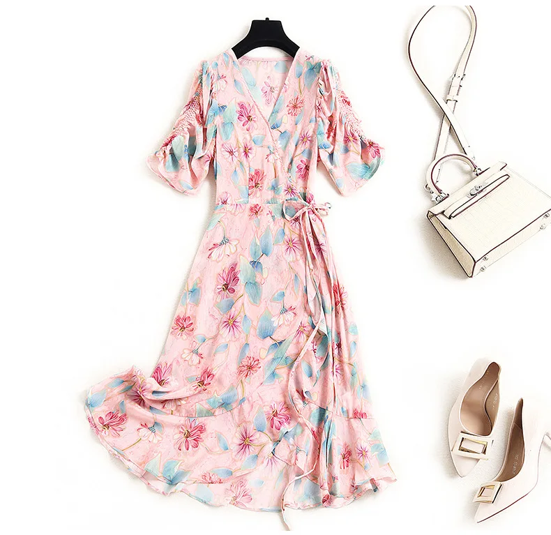 

100% Natural Silk Women's Dresses Sexy V Neck Ruched Short Sleeves Floral Printed Asymmetrical Ruffles Summer Dress Vestidos