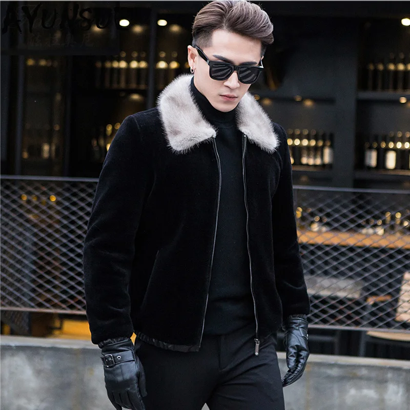 Мужская куртка из натуральной овечьей кожи короткая черная шерстяная размера