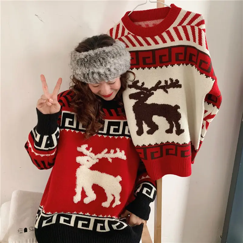 Женский вязаный свитер с круглым вырезом и длинными рукавами Рождественский