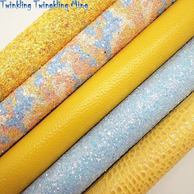 Кожа Желтый глиттер тисненые листы из искусственной кожи крокодила