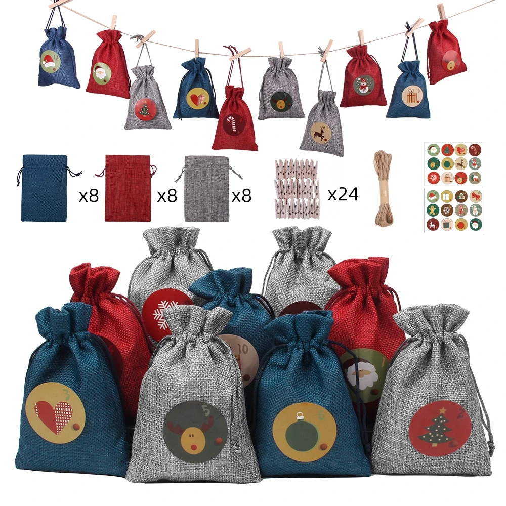 

24Pcs Set Christmas Advent Calendar Countdown Jute Candy Bag Drawstring Linen Bundle Pocket DIY Xmas Advent Calendrier Gift Bags
