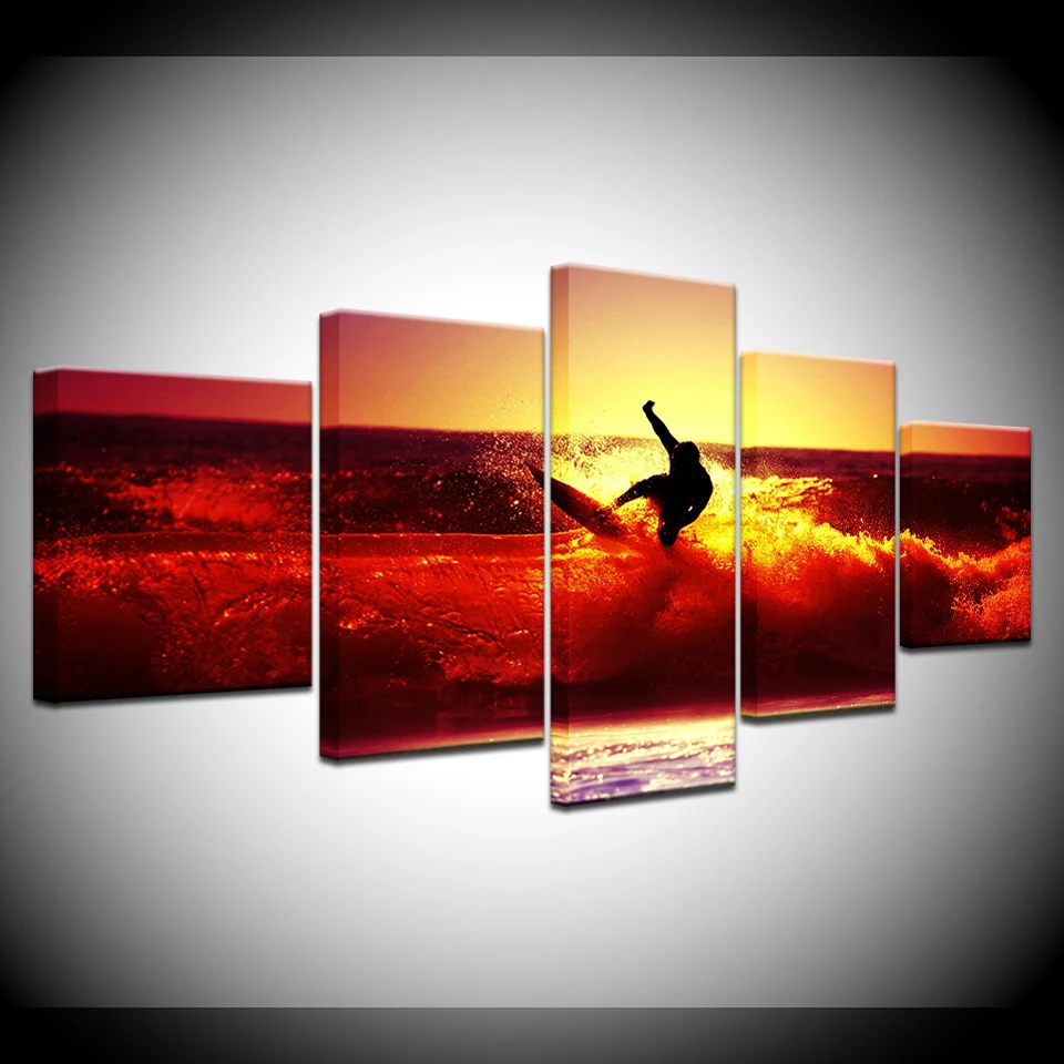 

HD Picture Canvas Surfing On Red Waves At Sunset Modern Giclee Print Artwork Home Decor Wall Poster 5 Piece Seascape Painting