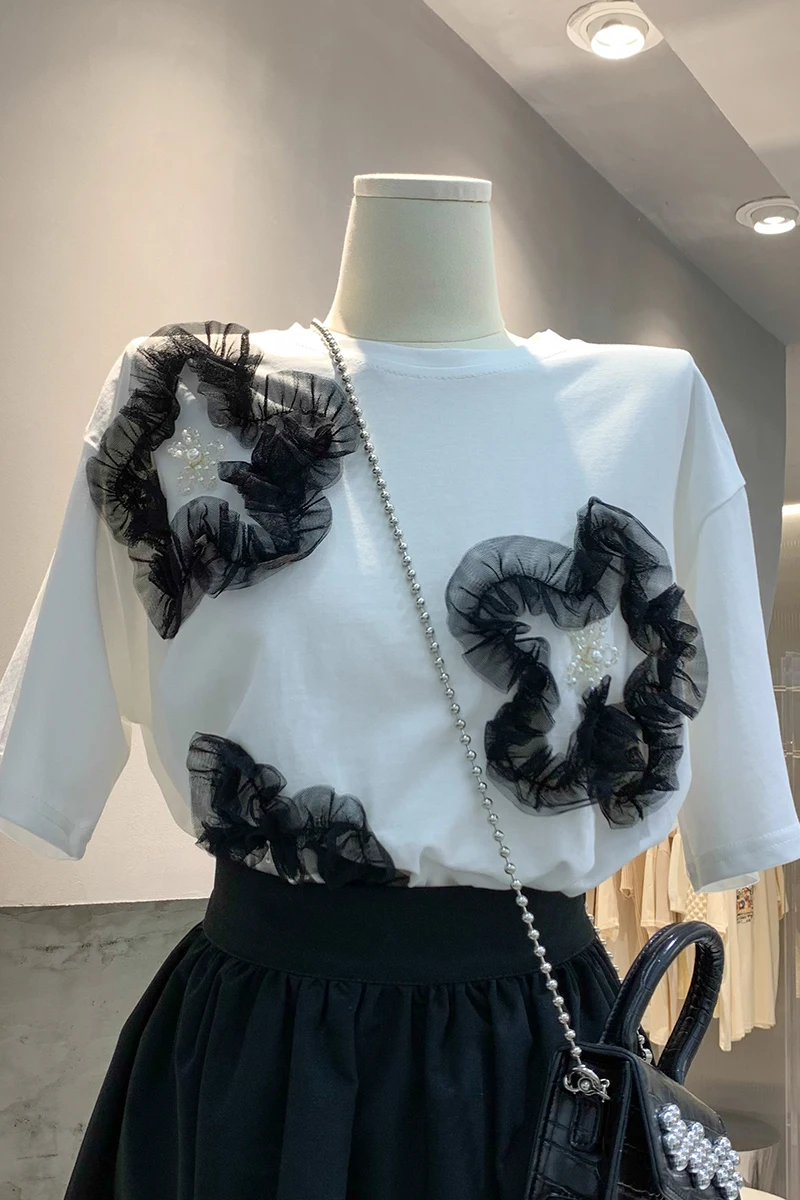 

VANOVICH Spring and Summer 2021 T Shirts Women Cotton Wild Casual Lace Beaded Ladies T Shirts Short-sleeved Tops Female