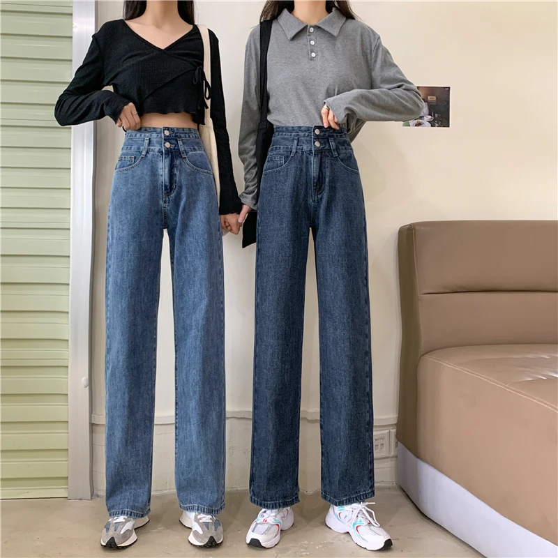 

2020 High waisted 2 button designer Woman jeans Fashion straight leg washed female denim pants black jeans for women