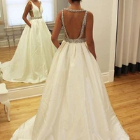 fashion wedding dress beaded sash gelinlik a line long wedding dresses satin off shoulder bridal gowns backless robe de mariee