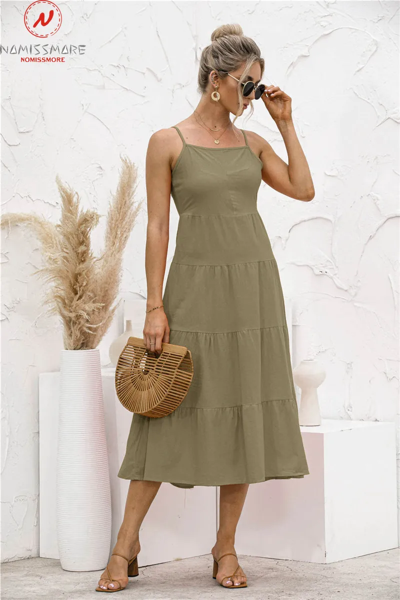 

Fashion Women Summer Solid Color A-Line Dress Bandage Decor Slash Neck Sleeveless Backless High Waist Slim Long Dress