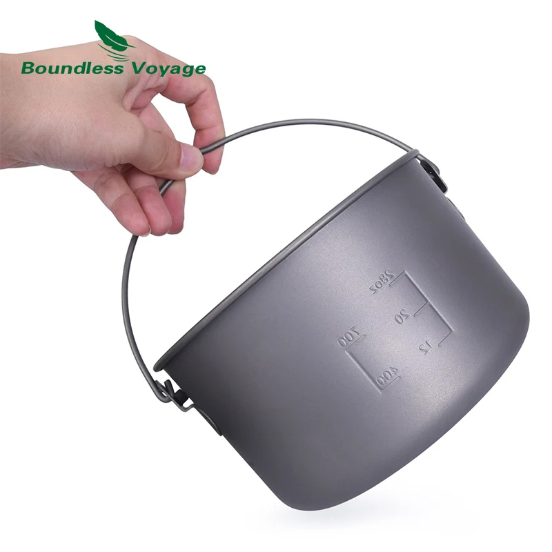 

Boundless Voyage Camping Titanium Hanging Pot with Side Handle Picnic Hiking Portable Cookware Kettle Big Capacity 1.3L 2.9L