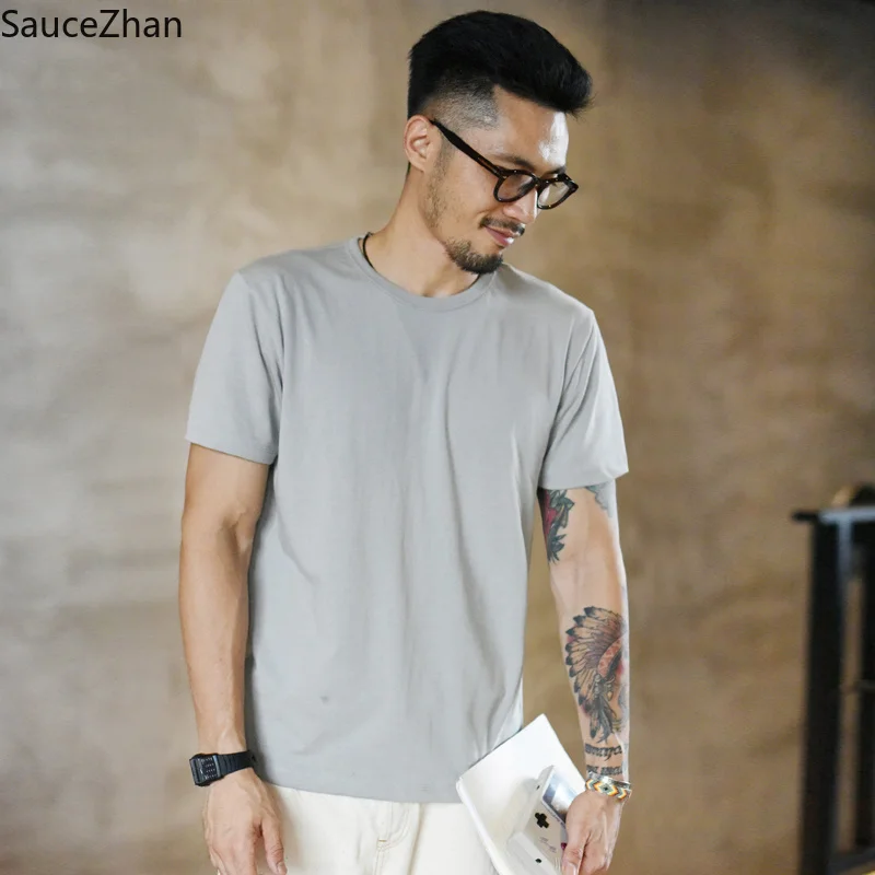 SauceZhan, трехигольчатая усиленная Мужская футболка, мужская летняя хлопковая Футболка с круглым вырезом, одноцветные футболки для мужчин, плотные, мягкие, не деформированные