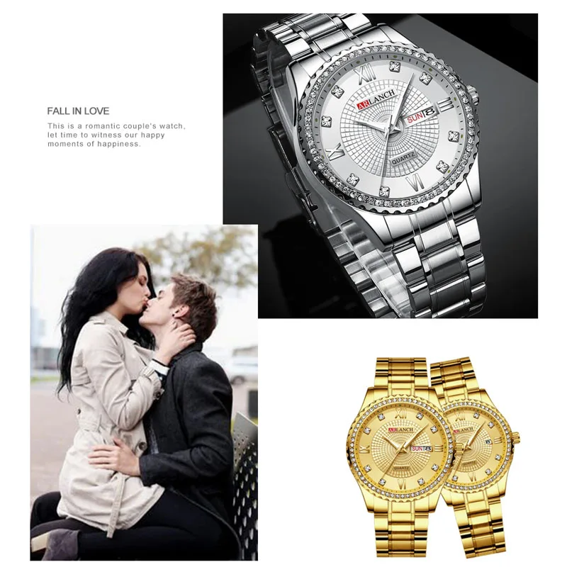 Diamond Quartz Couple Watches Men Women Double Calendar Week Stainless Steel Strap Wrist Watch Business Clock Reloj Hombre Gift