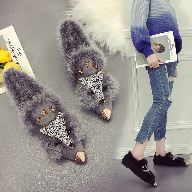 

All-Match Winter Shoes Women Female Footwear Pointed Toe Autumn Loafers Fur Casual Sneaker Slip-on Dress New Moccasin Fall Slip