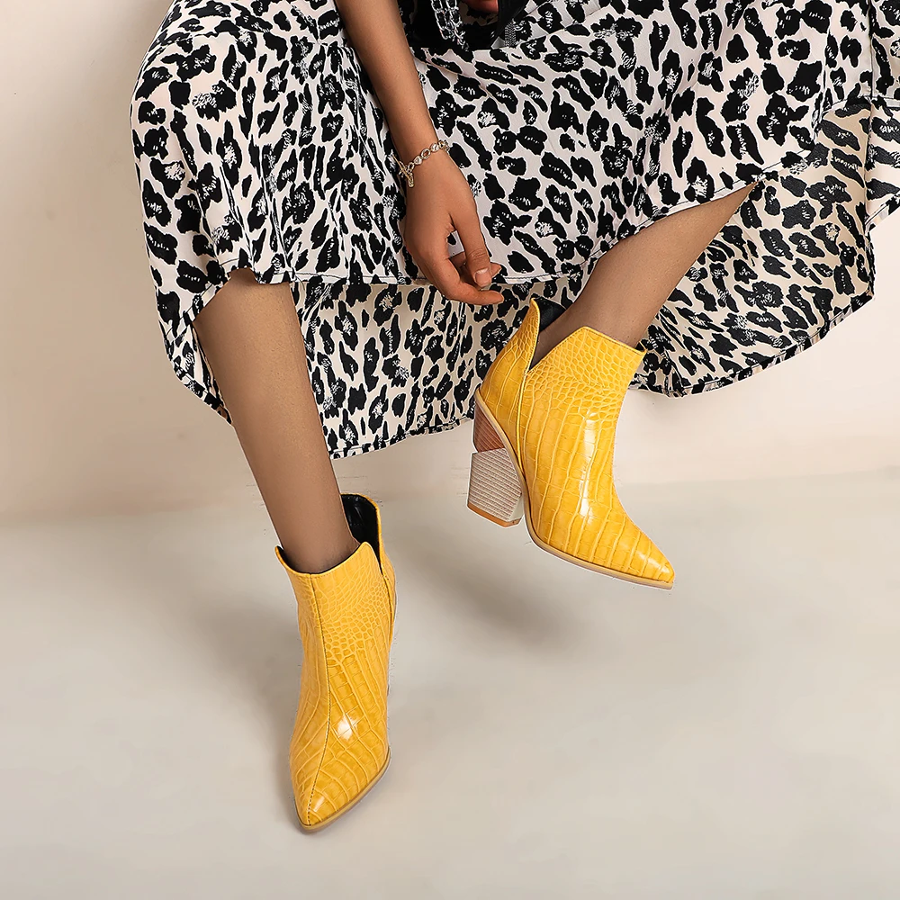 

Western Cowboy Boots Women PU Leather Wedges High Heels Slip On Cowgirl Booties Ankle Botas Women's Shoes Yellow Blue