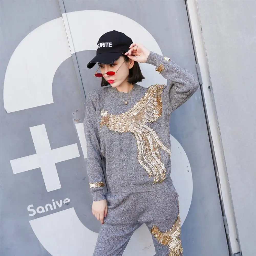 

2021 Autumn Winter Knitted Women Tracksuit Sequins Beading Phoenix Long Sleeve Loose Sweater + Casual Pants Two Piece Set