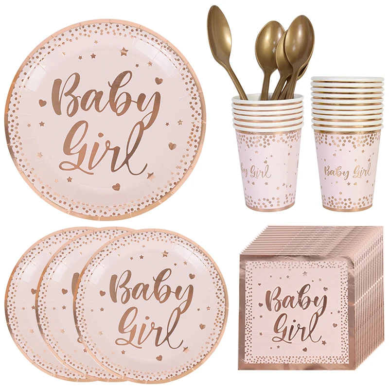 

Baby Girl Disposable Tableware Birthday Party Decoration Rose Gold Pink Plate Paper Cup Napkins Tableware Set Baby Shower Supply