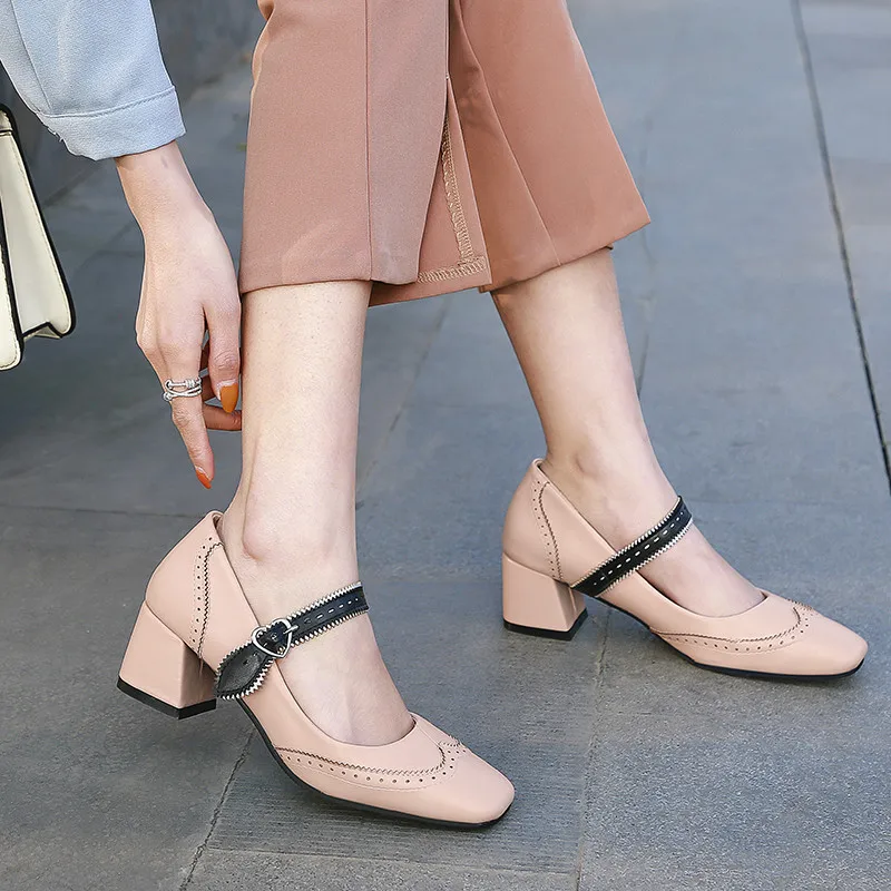 

ASUMER 2020 vintage single shoes women pumps pu buckle square toe spring summer classic Mary Jane shoes woman big size 43