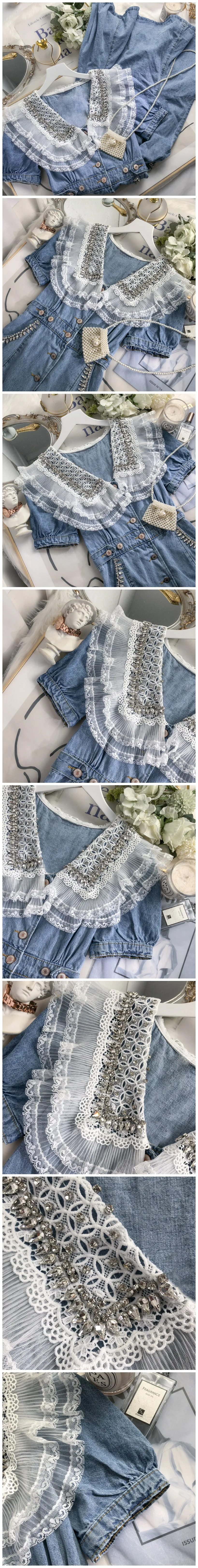 

Retro Lace Stitching Diamond Beaded Dress for Women 2021 Summer New High Waist Slimming Puff Sleeve Denim Dress Female