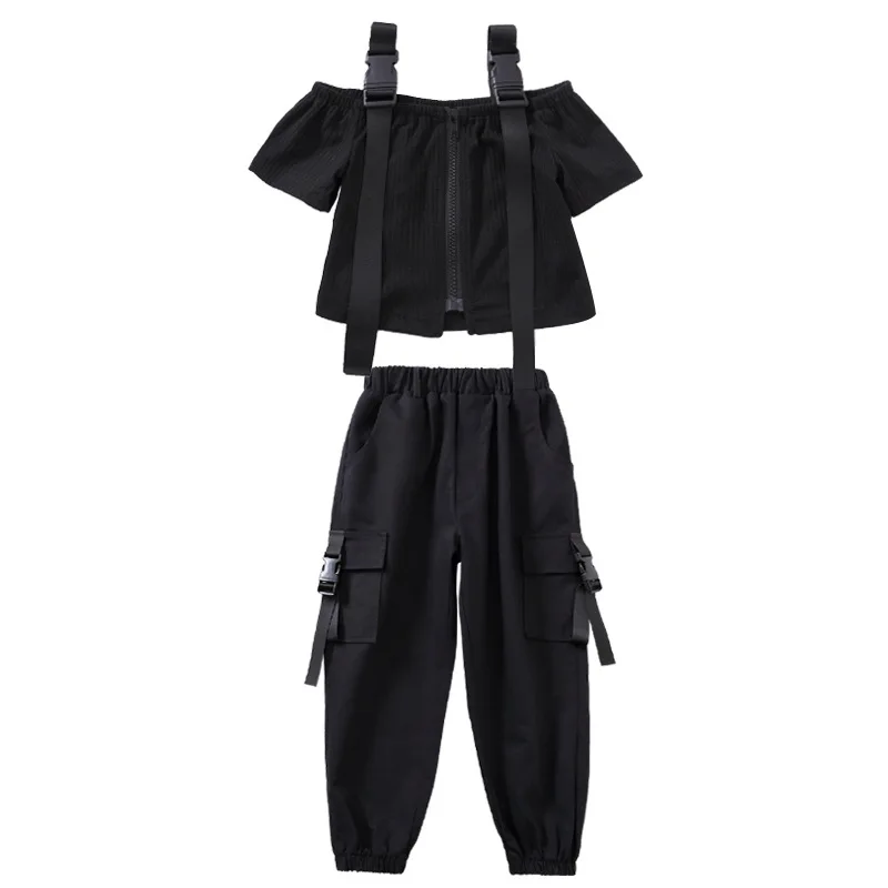 

Kid Black Cool Hip Hop Clothing Off Shoulder Crop Top T Shirt Streeewear Tactical Cargo Pants for Girls Dance Costume Clothes