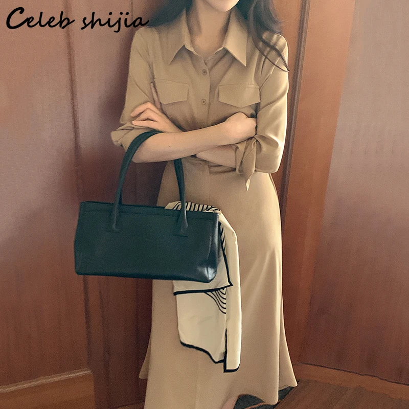 

Khaki Vintage Dress Women Spring New High Waisted Elegant Womens Dresses Vestido Business Turn Down Neck Clothing 2022
