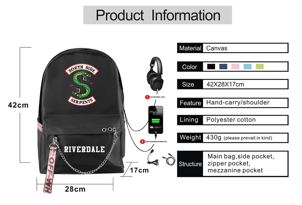 

Casual Riverdale southside vogue backpack for teenagers boy / girl water bags dwaterproof water oxford usb charge Cool backpack