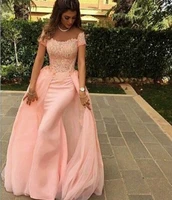 2015 pink long chiffon lace mermaid evening dresses evening gowns detachable train formal dress long robe de soiree abendkleider