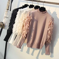 sweater collar jumper ruffled knitted flowers loose 2020 women long sleeves top knitted sweater