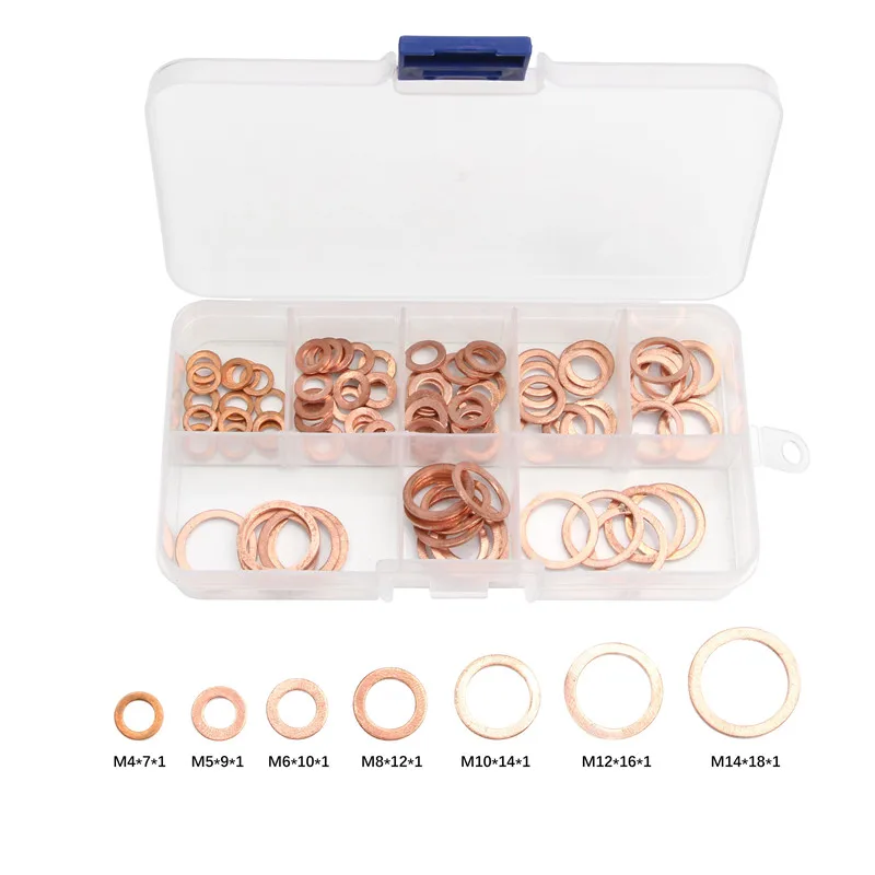 

100pcs M4-M14 Professional Assorted Copper Washer Sump Plug Oil Seal Fittings Gasket Set Flat Ring Seal Hardware Accessories Kit