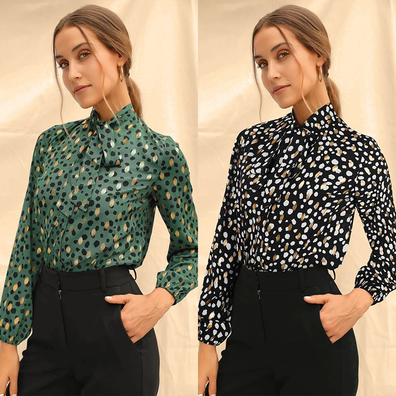 

New Fashion 2021 Autumn Winter Long Sleeve Stand Collar Shirt T-shirt Women Top Chiffon Single-breasted Printed Shirt