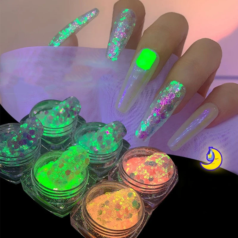 

X7JA 6Pcs Luminous 3D Nail Art Decorations Sequins Holographic Color Glow in the Dark for Halloween Gift