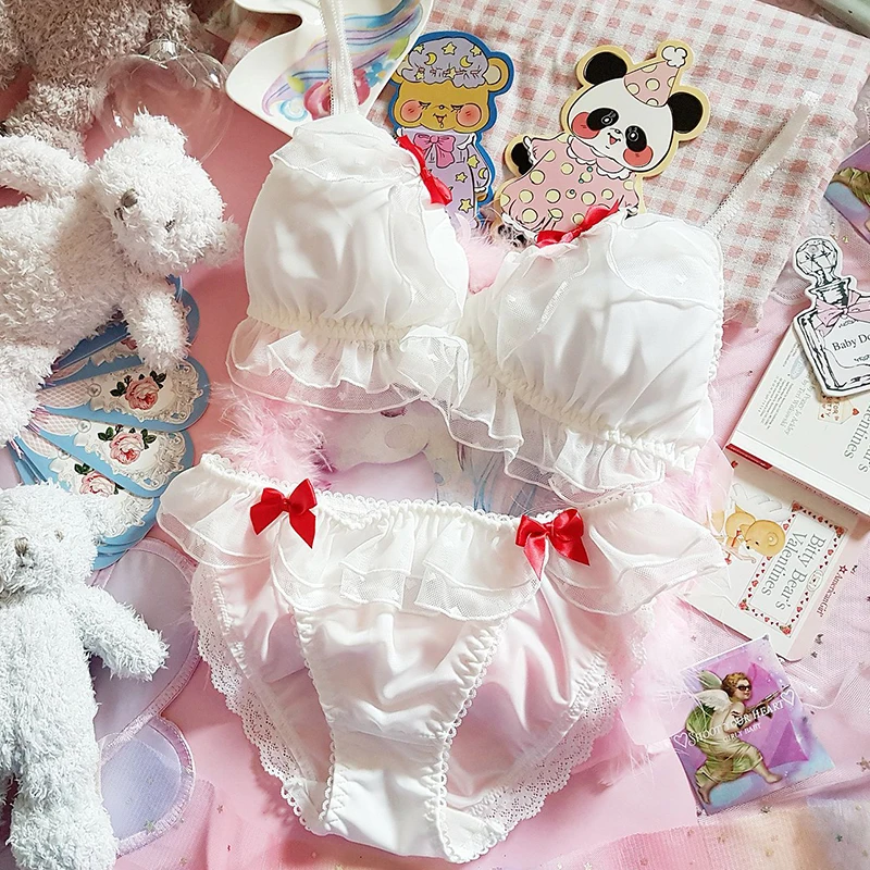 

Soft Girl Japanese Cute Bowk Ruffle Underwear Bra & Panties Bikini Set White No Rims Bra Anime Sexy Cute Lolita Lingerie set