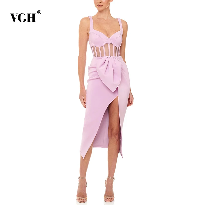 Женское ажурное платье средней длины VGH однотонное асимметричное с V-образным