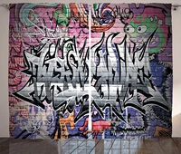 grey pink brick wall curtains graffiti grunge art wall several creepy underground city urban landscape curtain for bedroom