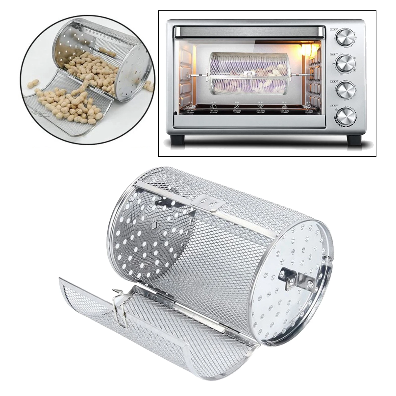 

1pcs Stainless Steel Rotisserie Grill, Roaster Drum, Oven Basket, Baking Silver