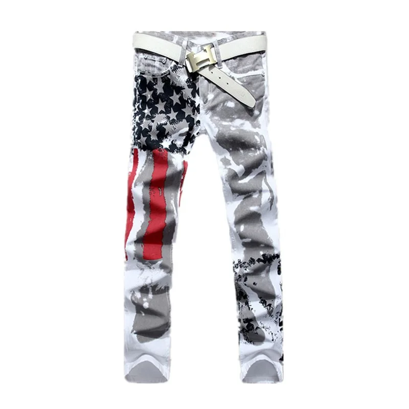 

Men's Jeans New Flag Print Slim Casual Korean Trousers All-Match Trendy Pants