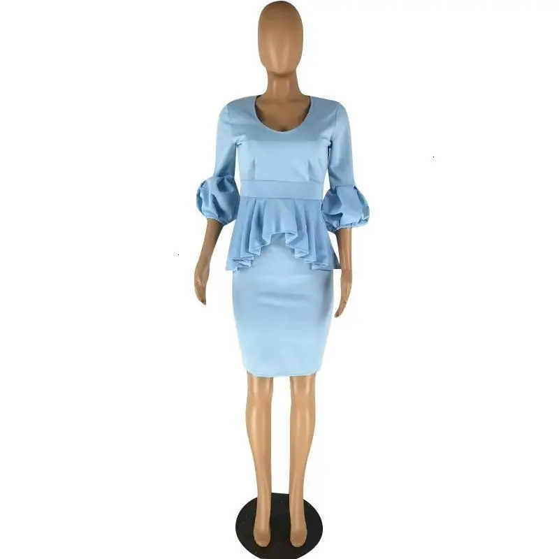 Женское офисное платье из 2 частей сексуальное с оборками длинный рукав-фонарик