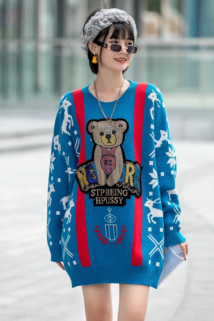 

Ladies Knitted Sweater Europe Station Retro Pullover Sweater Women's Loose Outer Wear Hot Rhinestone Cartoon Knitwear
