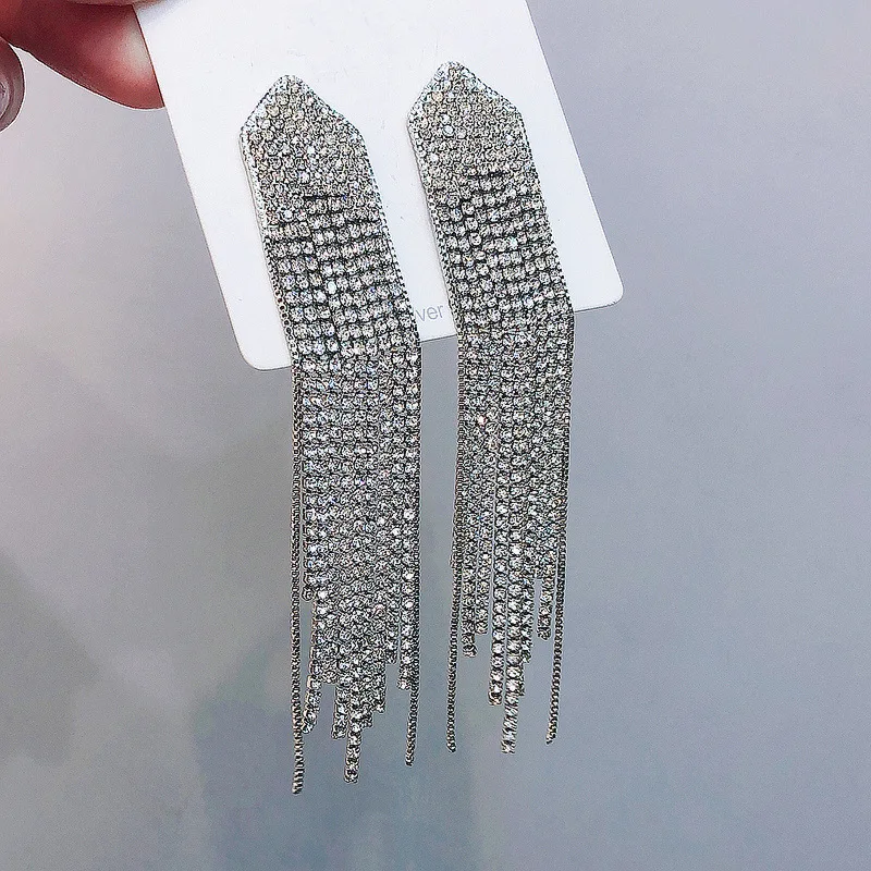 

luxury Long Tassel Full Rhinestone Drop Earrings for Women girl Fashion Jewelry Ovsize Crystal Dangle Earrings Accessories
