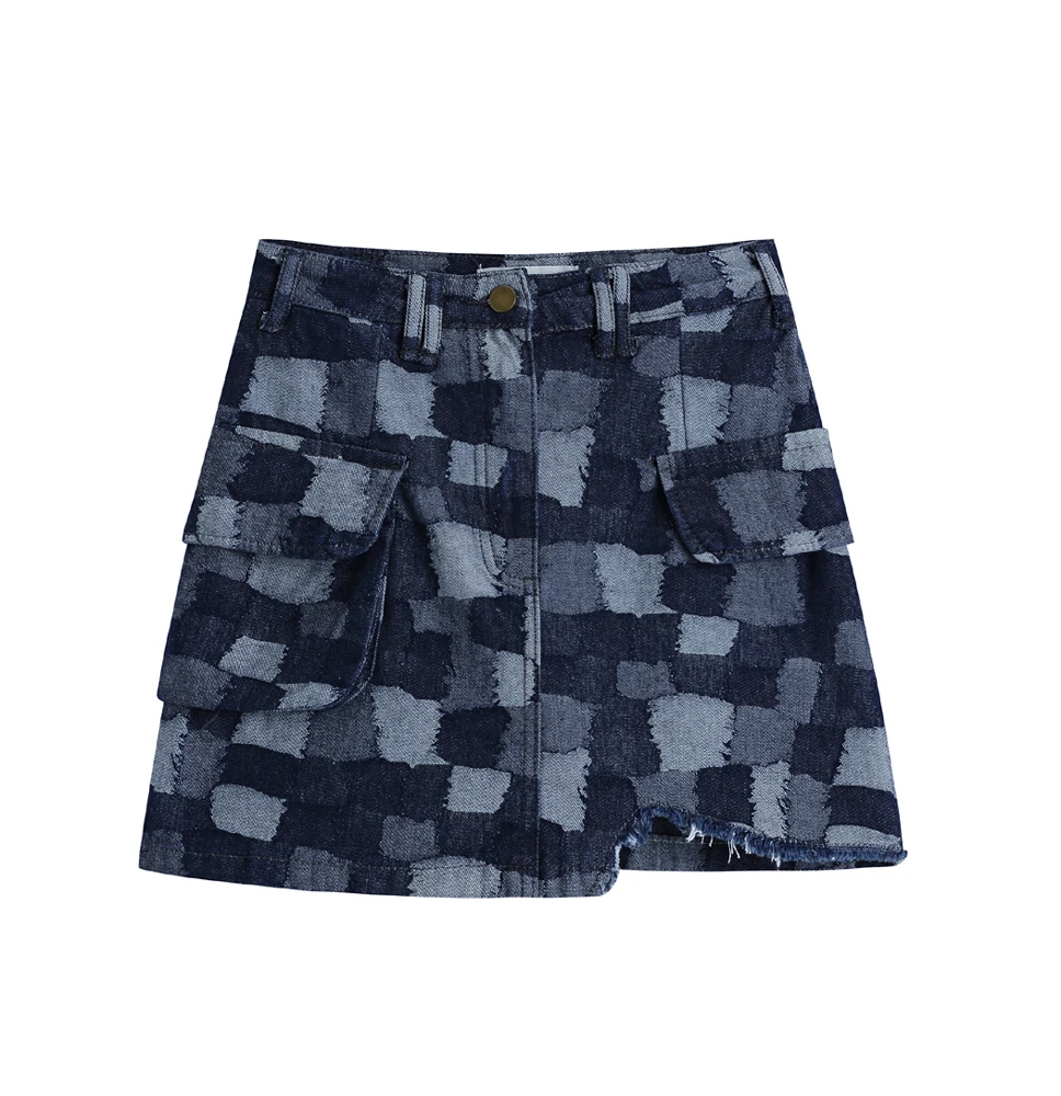 

2021 Summer Sexy Women Short Skirt Patchwork Checkered Blue A-line High Waist Denim Skirt For Women