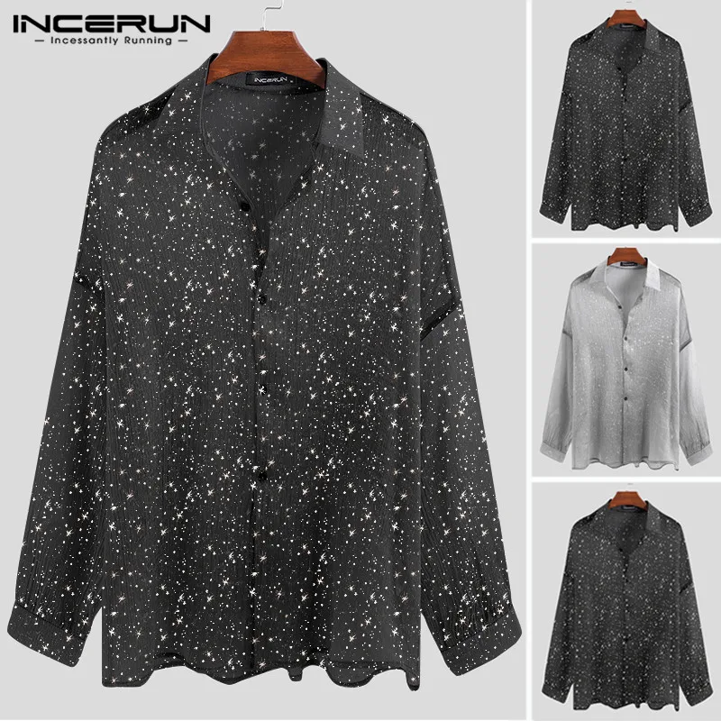 Модные сексуальные мужские прозрачные рубашка блестящая на пуговицах с длинным