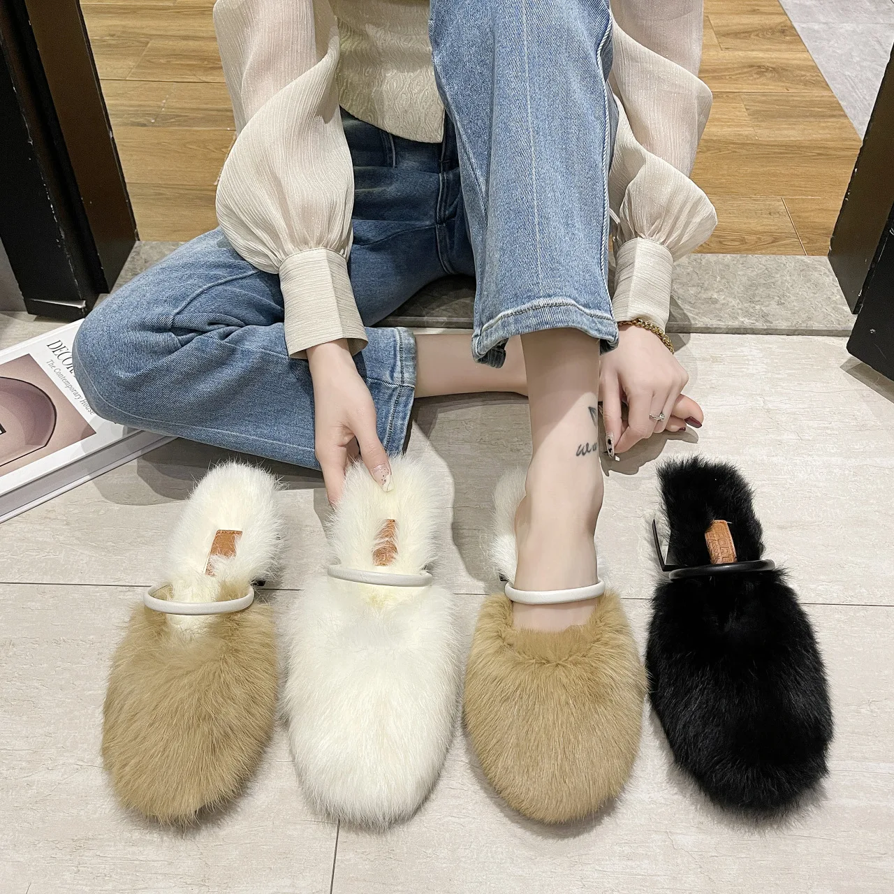 

Шлепанцы женские на низком каблуке, меховые сланцы, сланцы, Роскошные, плюшевые, базовая ткань, модная Уличная обувь, 2021