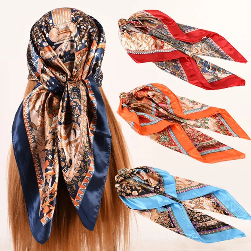 

Women 90*90 cm Satin Hijab Scarf Muslim Female Chiffon Shawls Square Silk Scarves Modern Wrap Pareo Bandanna Hair Head Scarves