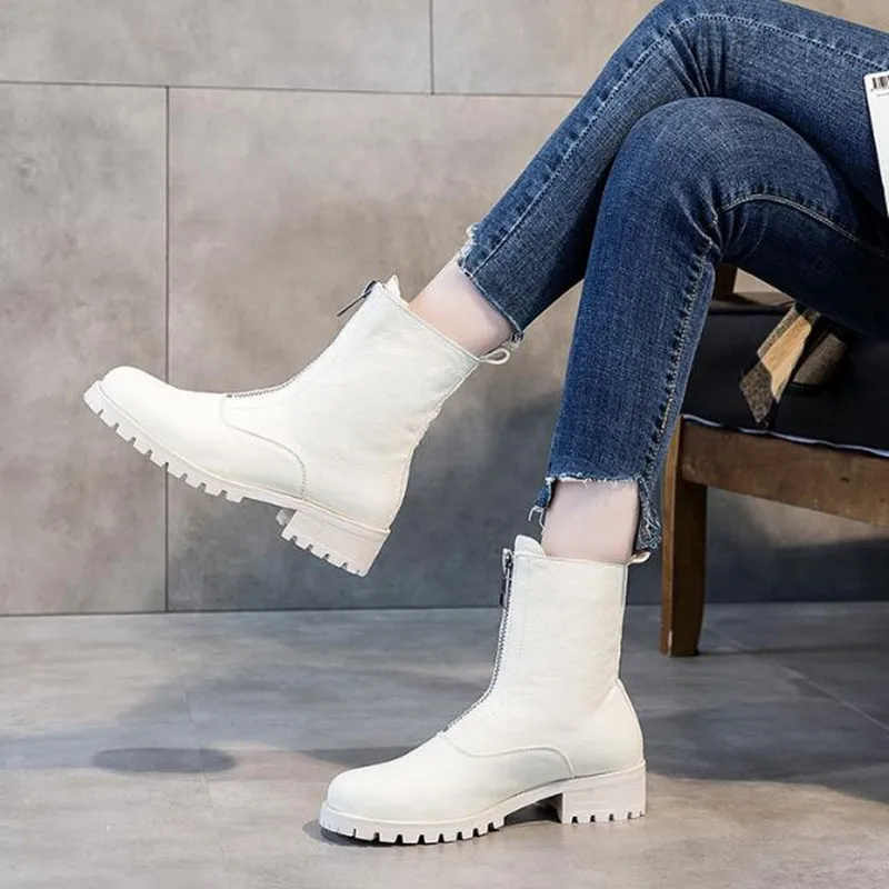 

Women Boots 2020 autumn new style Cowhide front zipper Fashion Short Boots thick soled mid heel Boots Ladies Black ankle boots