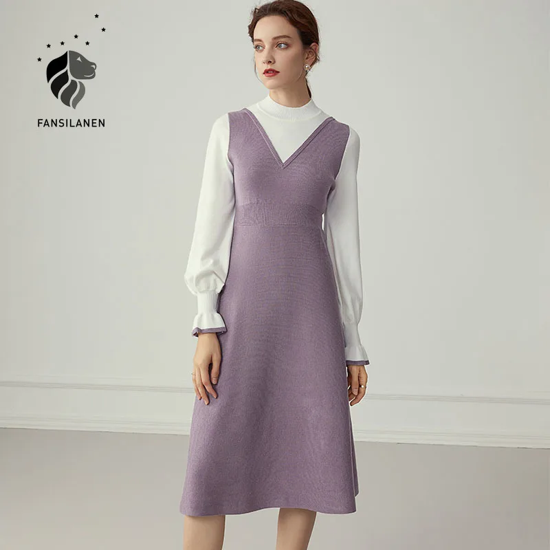 

FANSILANEN Fake Two Piece Set Vintage Knit Sweater Dress Women Flare Sleeve Black Midi Dress Autumn Winter Slim Office Clothes