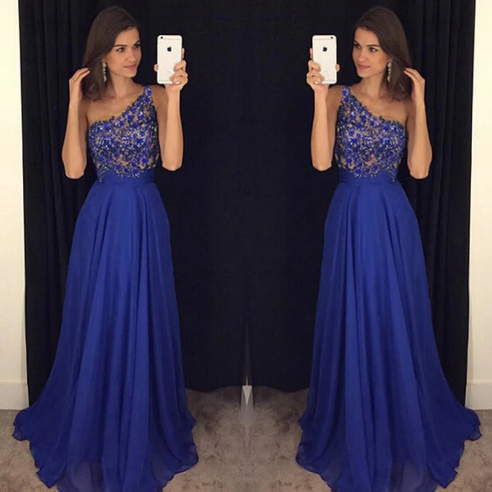 2020 Королевский синий Выпускной платье на одно плечо кружевной вышитый бисером
