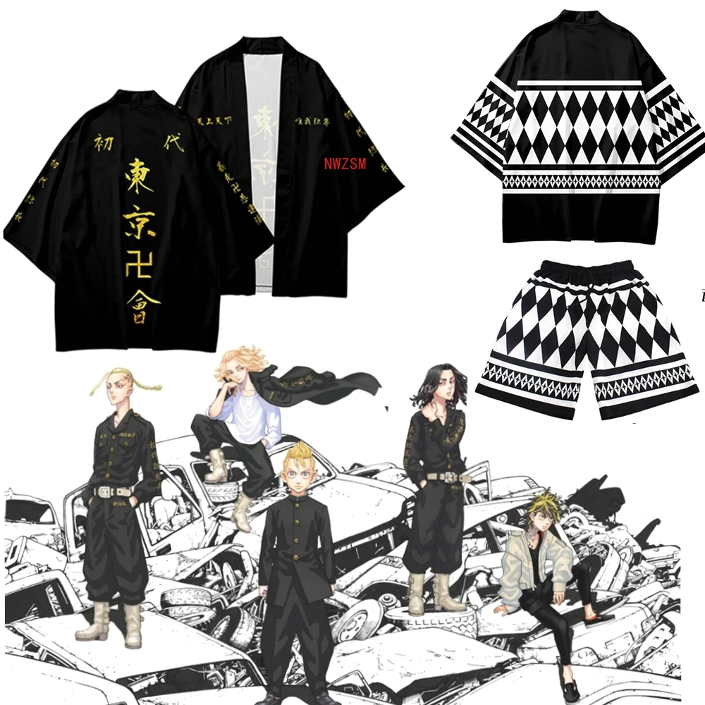 

Tokyo Revengers Cosplay Cloak Anime Black White Top for Summer Hanagaki Takemichi Ken Ryuguji Haori Kimono Tee Men