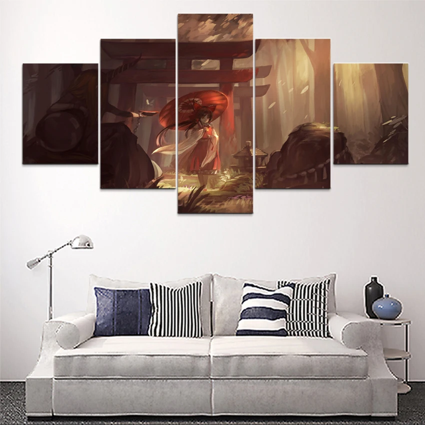 Модульные Hd принты картины для домашнего декора рамка 5 шт. Touhou Reimu Hakurei на холсте