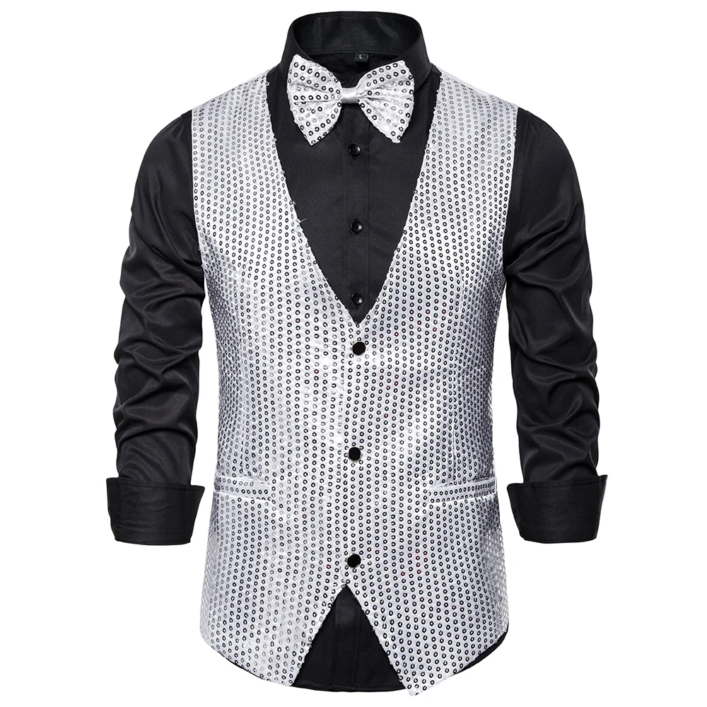 

New Design 2019 Men Sequins Glitter Embellished V-neck Blazer Vest Male Formal Evening Party Suits Plus Size
