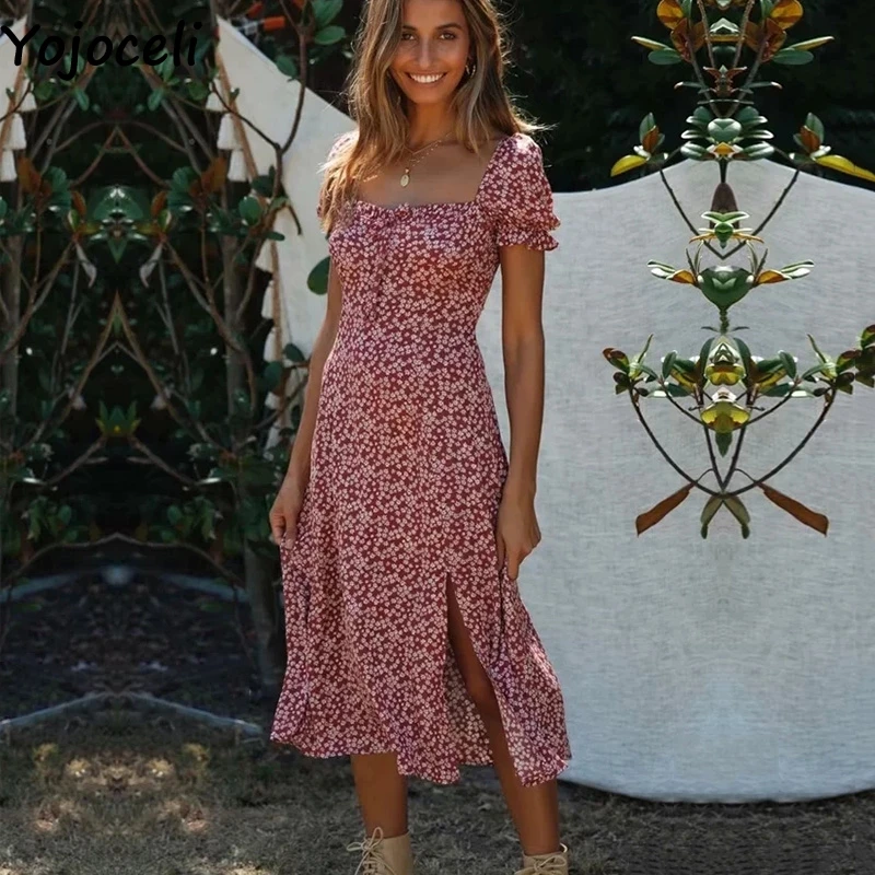 Женское пляжное платье Yojoceli длинное хлопковое с цветочным принтом и разрезом для
