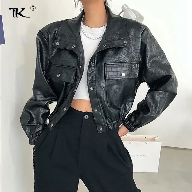 

Женская укороченная куртка из искусственной крокодиловой кожи с длинными рукавами и карманами, облегающая повседневная женская уличная од...