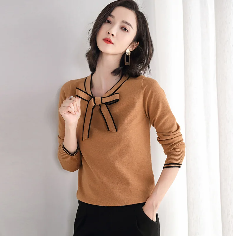 

Knitted Pullovers Women Sweaters 2019 Autumn Bow Stripped Long Sleeve Fashion Chic Pullover Jumper Knitwear Female Knit Sweater